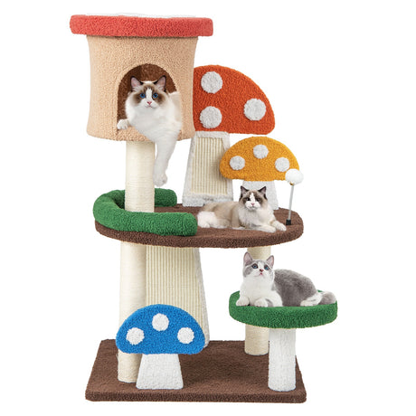 Rascador para gatos con forma de hongo 4 en 1, con condominio, bola de resorte y postes de sisal, multicolor