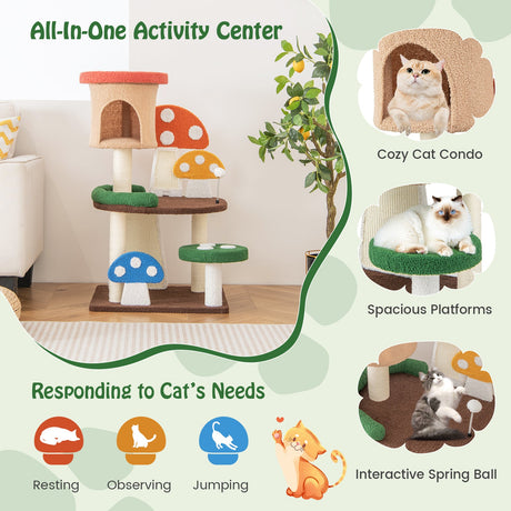 Rascador para gatos con forma de hongo 4 en 1, con condominio, bola de resorte y postes de sisal, multicolor