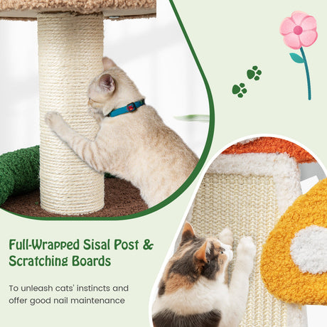 Rascador para gatos con forma de hongo 4 en 1, con condominio, bola de resorte y postes de sisal, multicolor