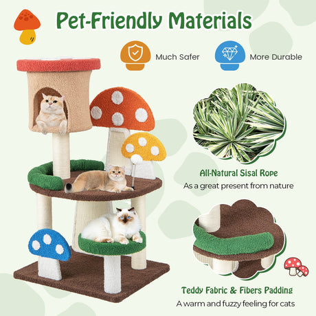 Rascador para gatos con forma de hongo 4 en 1, con condominio, bola de resorte y postes de sisal, multicolor