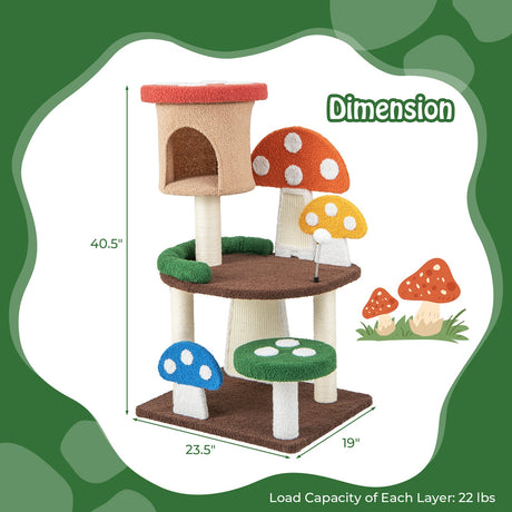 Rascador para gatos con forma de hongo 4 en 1, con condominio, bola de resorte y postes de sisal, multicolor