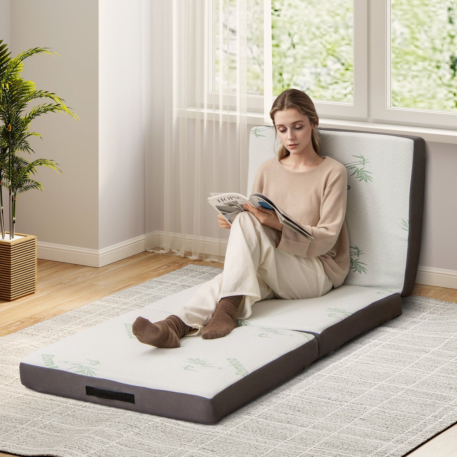 Colchón de espuma tríptico de 4 pulgadas con funda lavable para yoga o invitados - Gris