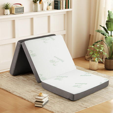 Colchón de espuma tríptico de 4 pulgadas con funda lavable para yoga o invitados - Gris