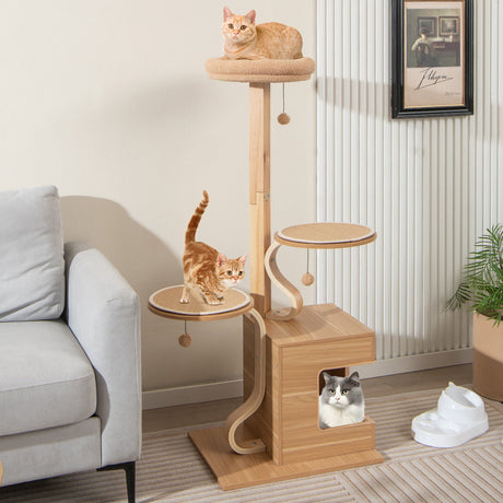 Árbol para gatos de madera de 4 niveles, torre para gatos de 51 pulgadas de alto con condominio y cojines lavables - Natural