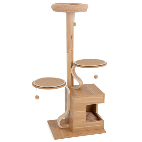 Árbol para gatos de madera de 4 niveles, torre para gatos de 51 pulgadas de alto con condominio y cojines lavables - Natural