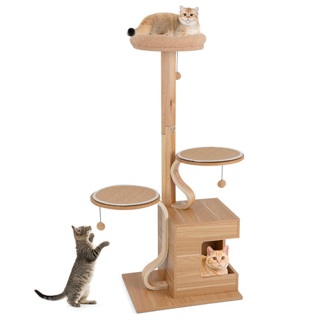 Árbol para gatos de madera de 4 niveles, torre para gatos de 51 pulgadas de alto con condominio y cojines lavables - Natural