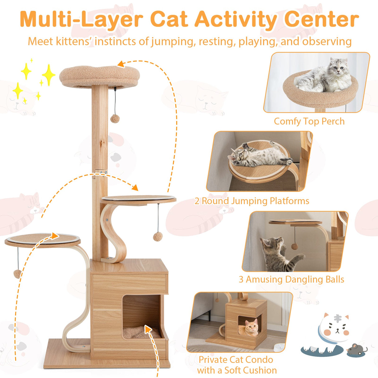 Árbol para gatos de madera de 4 niveles, torre para gatos de 51 pulgadas de alto con condominio y cojines lavables - Natural