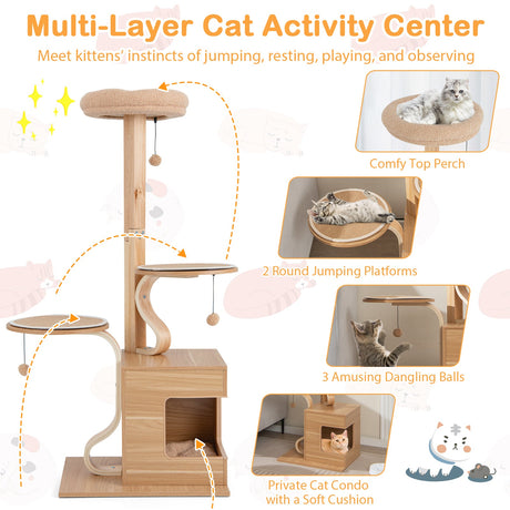 Árbol para gatos de madera de 4 niveles, torre para gatos de 51 pulgadas de alto con condominio y cojines lavables - Natural