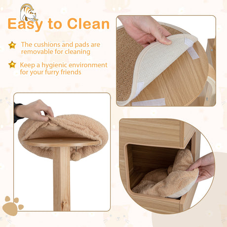Árbol para gatos de madera de 4 niveles, torre para gatos de 51 pulgadas de alto con condominio y cojines lavables - Natural