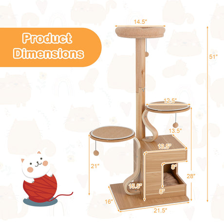 Árbol para gatos de madera de 4 niveles, torre para gatos de 51 pulgadas de alto con condominio y cojines lavables - Natural