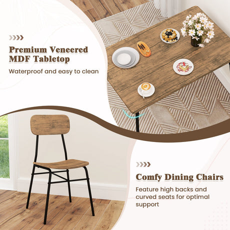 4 Piece Dining Table Set for 4 Metal Frame with Bench and 2 Chairs-Brown