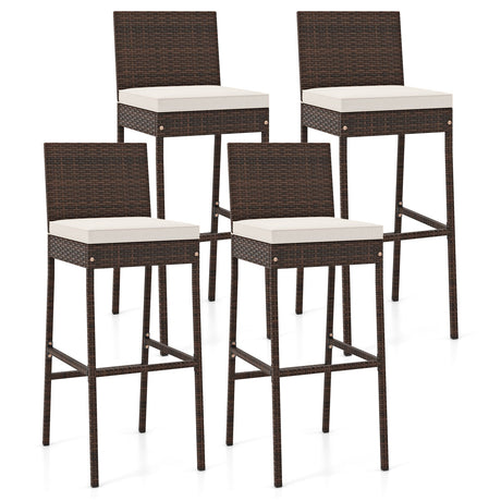 2 taburetes de bar de mimbre acolchados para patio con reposapiés cómodo