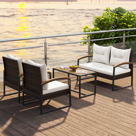 Set de conversación para patio de 4 piezas con reposabrazos y tablero de madera de acacia y cojines - Blanco