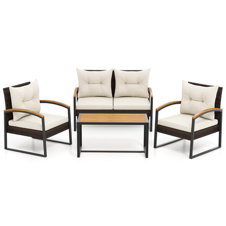 Set de conversación para patio de 4 piezas con reposabrazos y tablero de madera de acacia y cojines - Blanco