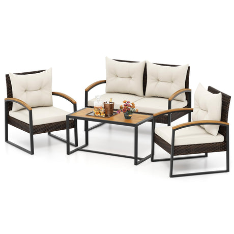 Set de conversación para patio de 4 piezas con reposabrazos y tablero de madera de acacia y cojines - Blanco