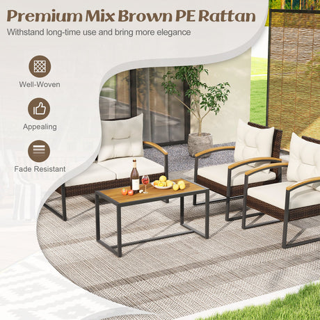 Set de conversación para patio de 4 piezas con reposabrazos y tablero de madera de acacia y cojines - Blanco