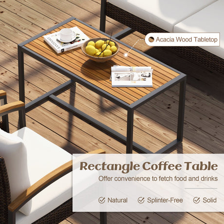 Set de conversación para patio de 4 piezas con reposabrazos y tablero de madera de acacia y cojines - Blanco
