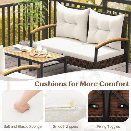 Set de conversación para patio de 4 piezas con reposabrazos y tablero de madera de acacia y cojines - Blanco