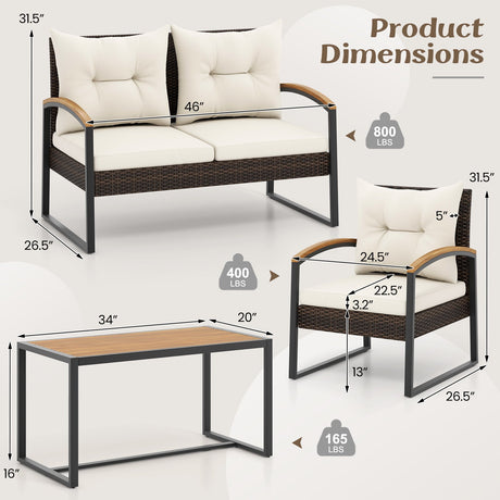 Set de conversación para patio de 4 piezas con reposabrazos y tablero de madera de acacia y cojines - Blanco