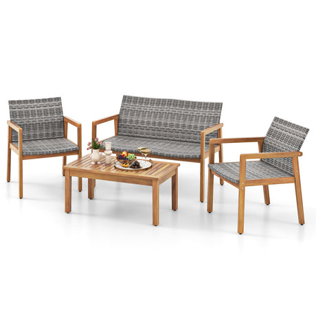 Juego de muebles de patio de 4 piezas con sofá de dos plazas, sillas individuales y mesa de centro