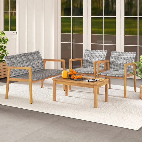 Juego de muebles de patio de 4 piezas con sofá de dos plazas, sillas individuales y mesa de centro