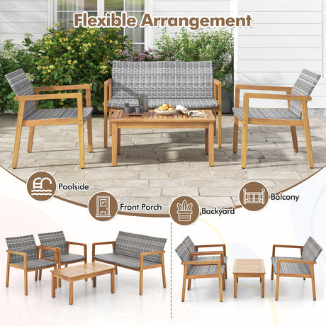 Juego de muebles de patio de 4 piezas con sofá de dos plazas, sillas individuales y mesa de centro