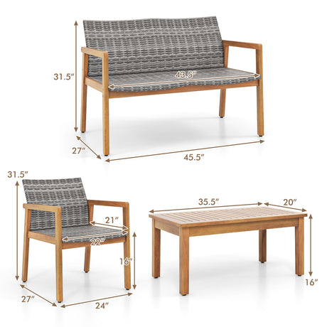 Juego de muebles de patio de 4 piezas con sofá de dos plazas, sillas individuales y mesa de centro