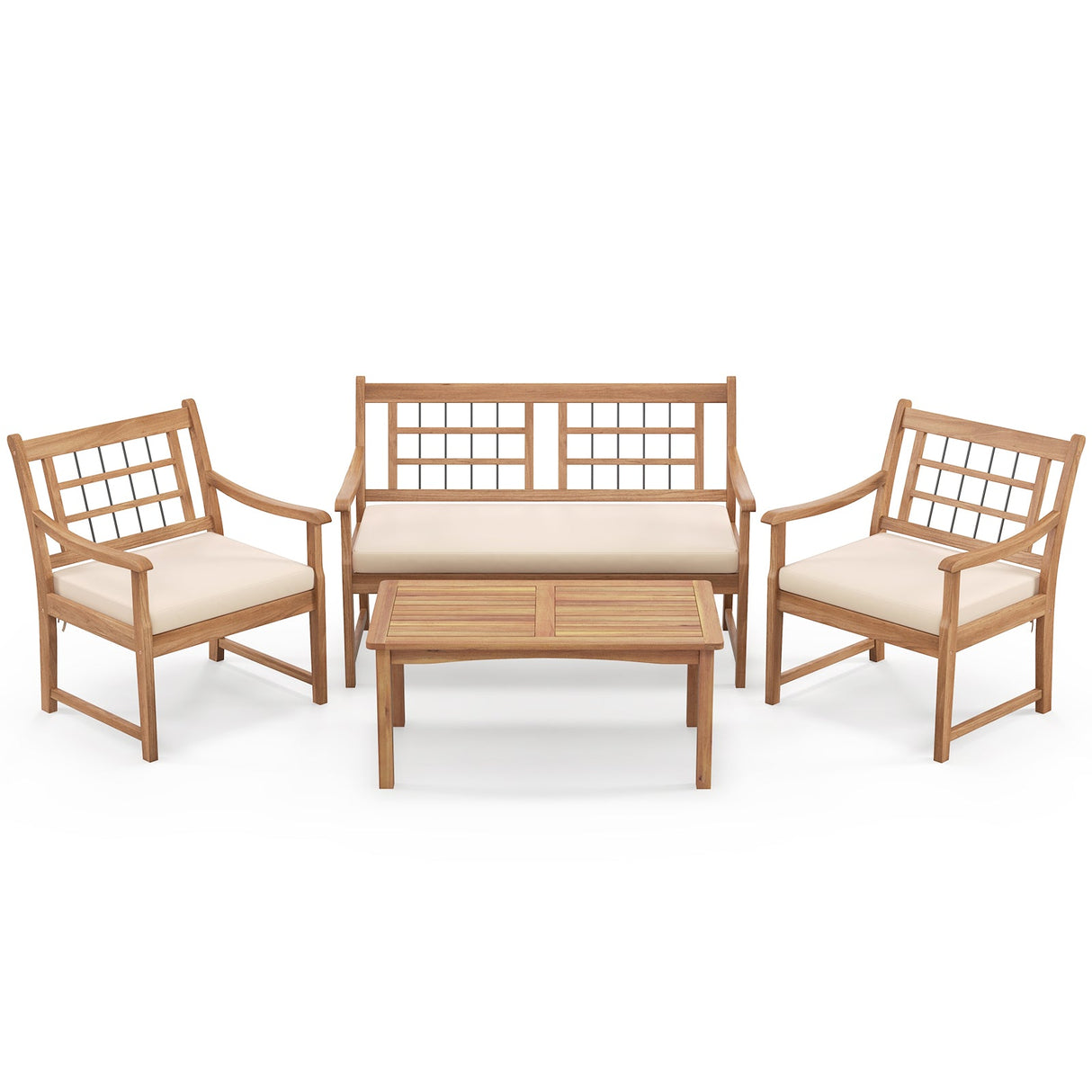 4 Piece Wood Patio Furniture with Armchairs Loveseat and Coffee Table