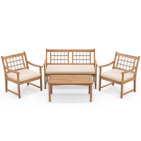 4 Piece Wood Patio Furniture with Armchairs Loveseat and Coffee Table