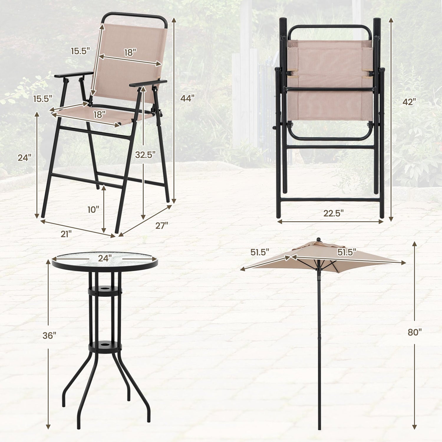 Juego de Bar de Exterior de 4 Piezas con Sombrilla-Beige