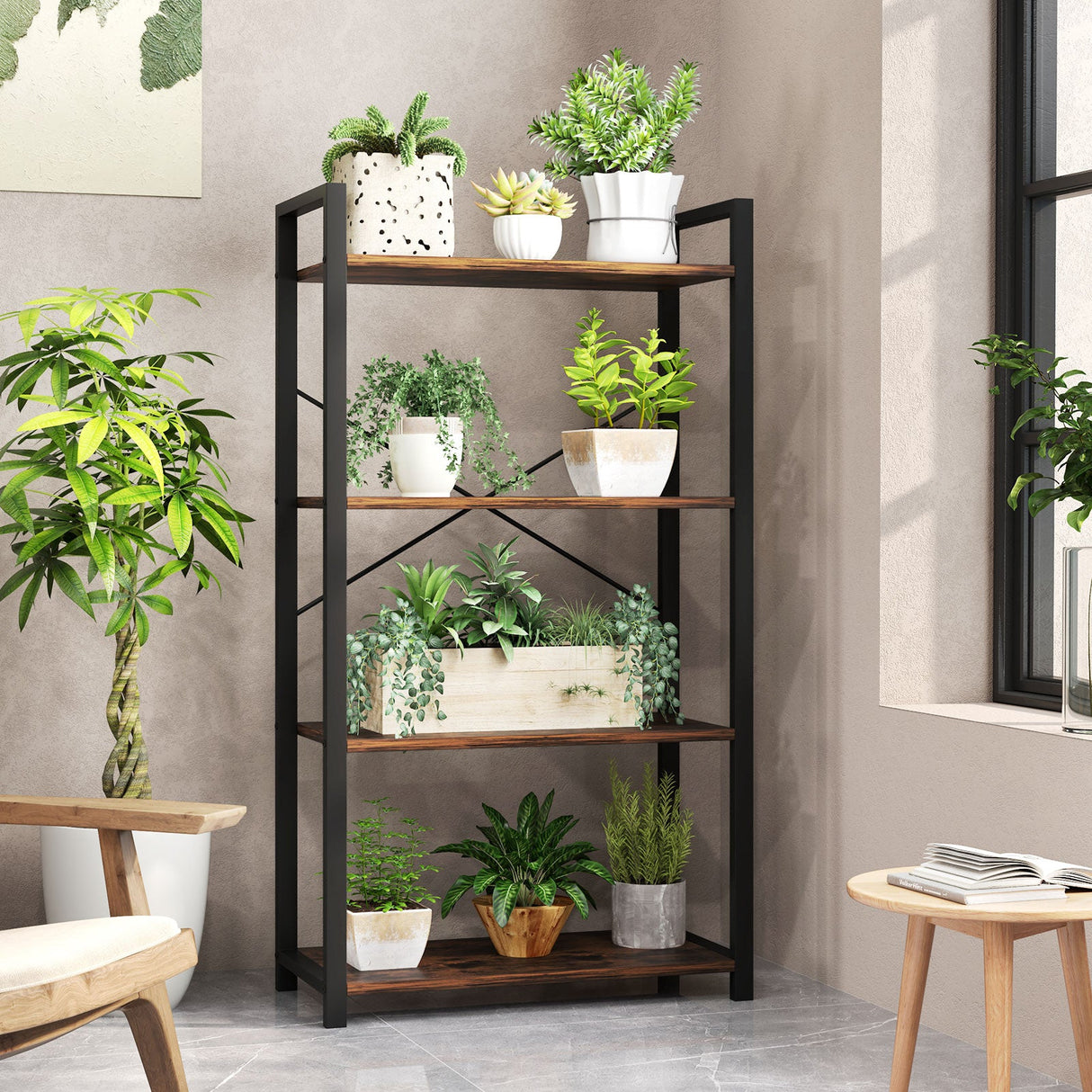 4-Tier Bookshelf with Heavy Duty Metal Frame Industrial Display Shelf-Rustic Brown