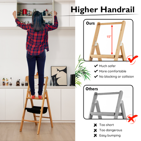 Taburete escalera plegable de bambú de 3 peldaños con bolsa de almacenamiento de herramientas - Natural