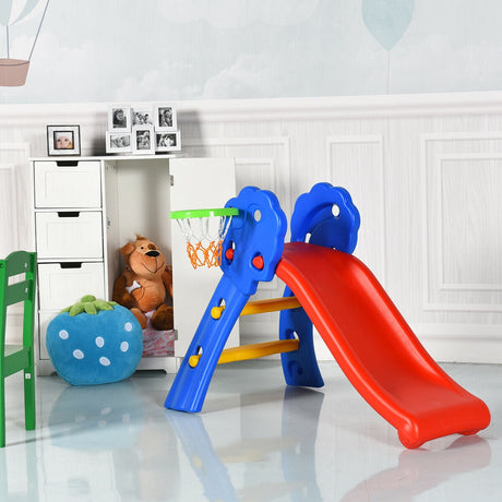 Tobogán plegable de plástico para niños de 2 escalones con aro de baloncesto