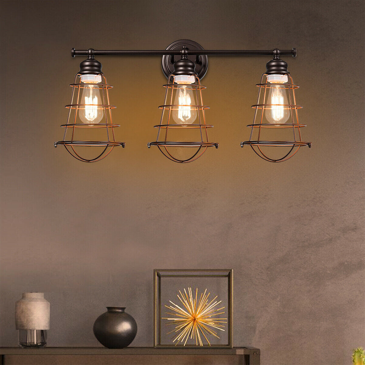 Lámpara de tocador de 3 luces para baño con jaula de metal