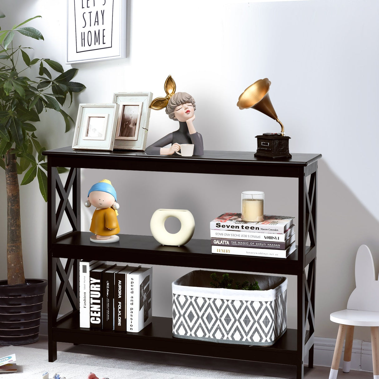 Mesa auxiliar decorativa de sofá con diseño en X y 3 niveles