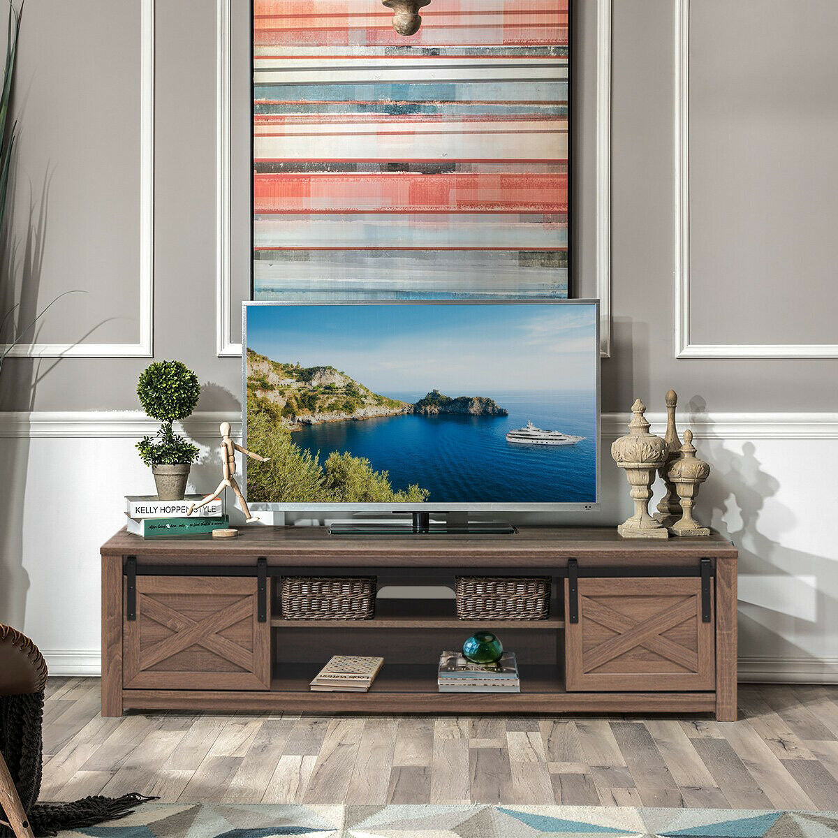 Mueble de TV de 65 pulgadas con puerta corrediza estilo granero