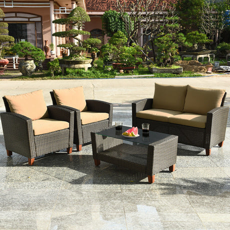 Juego de muebles de jardín de ratán de 4 piezas con cojines