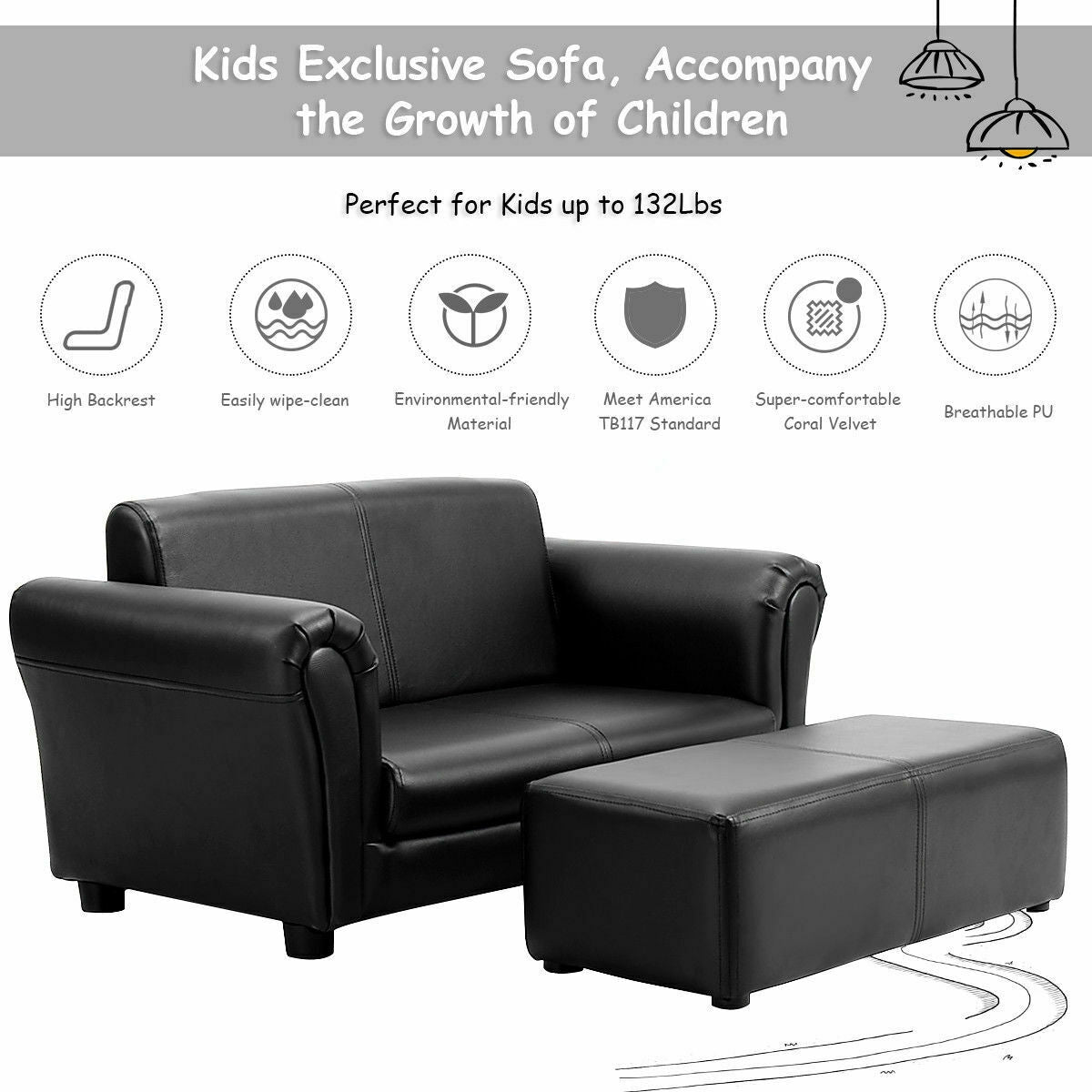 Sofá doble suave para niños con otomana