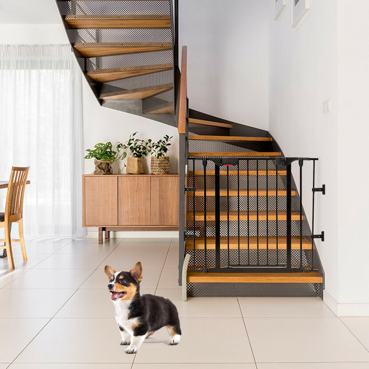 Valla de metal de 6 paneles ajustable para bebés, de montaje en pared - Negra