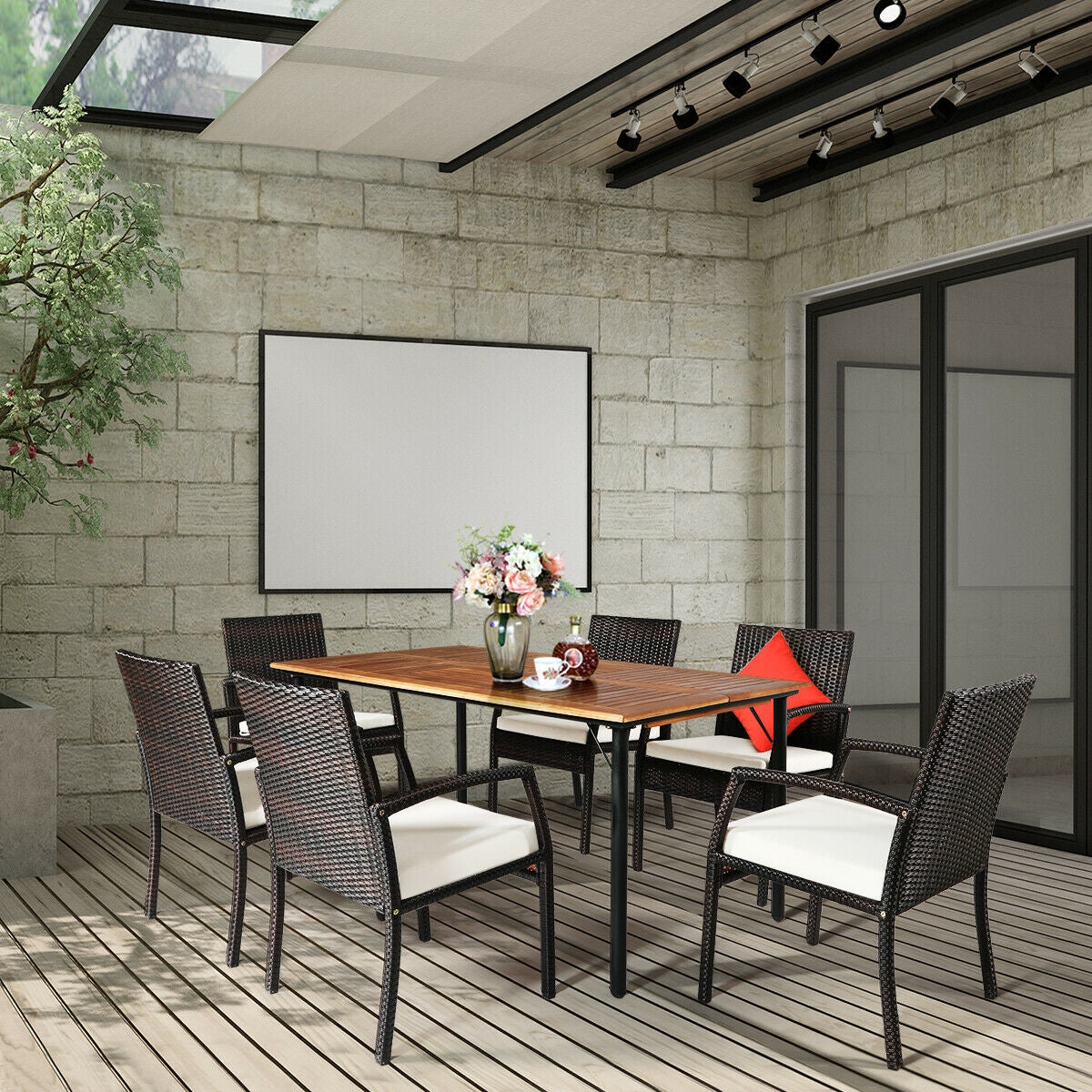 Juego de comedor de ratán acolchado de 7 piezas para patio con agujero para sombrilla