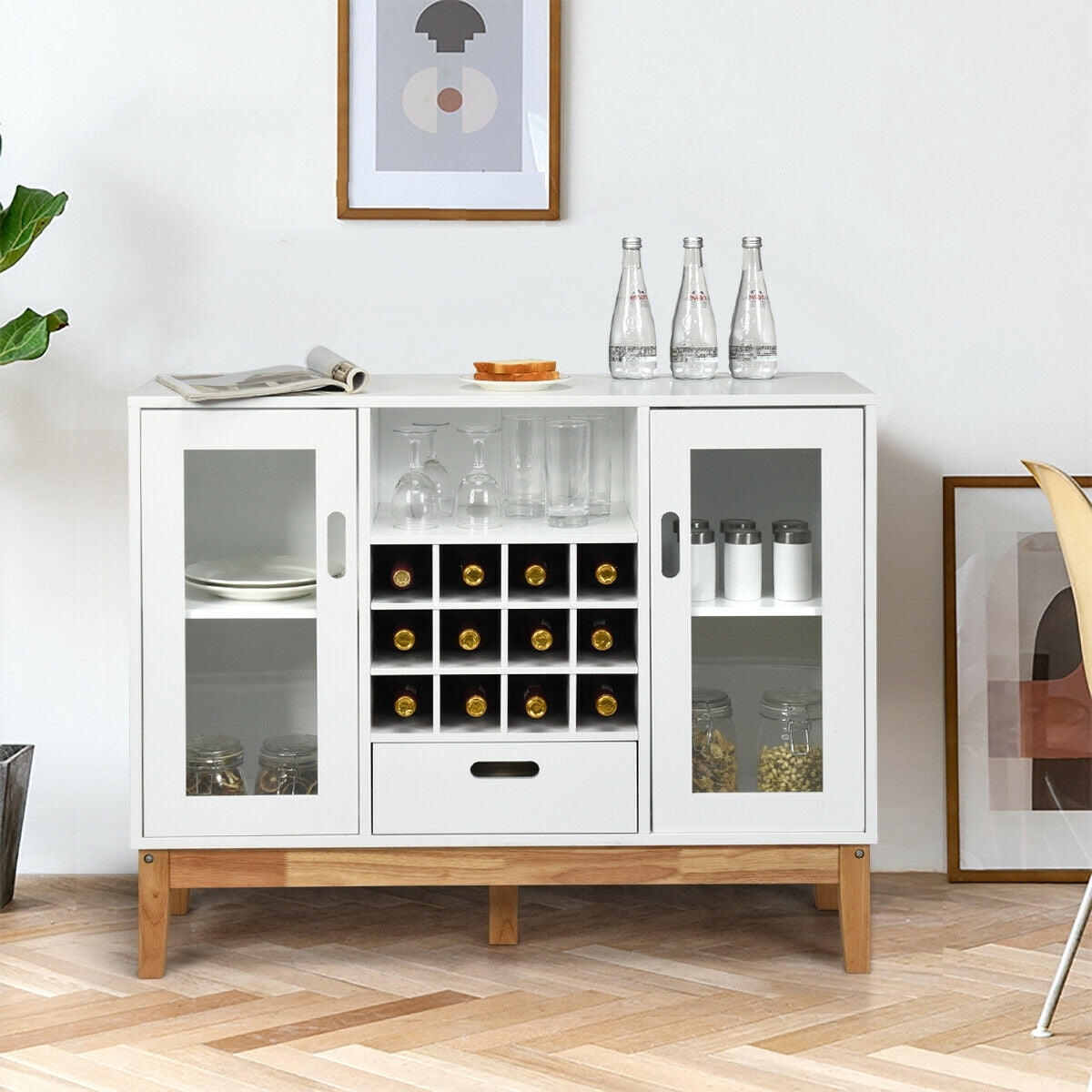 Mueble de almacenamiento de vino de madera Aparador Consola Buffet Servidor - Blanco