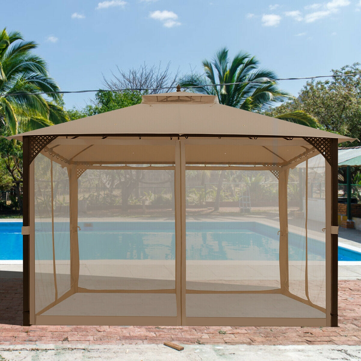Cenador de patio con doble techo y mosquitero de 12 x 10 pies para exteriores - Marrón