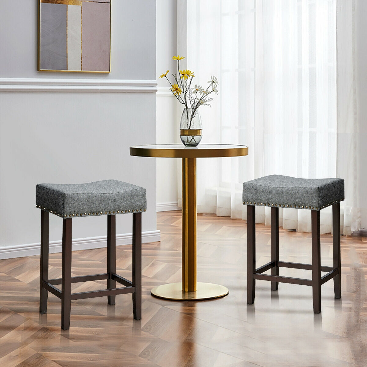 Juego de 2 taburetes de bar tipo silla de montar con cabezas de clavos, 61 cm de alto