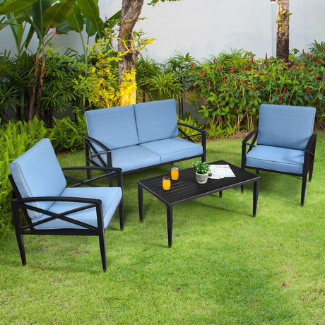 Juego de muebles de patio de 4 piezas con estructura de aluminio y sofá acolchado