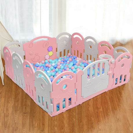 Corral de bebé de 14 paneles con caja de música y canasta de baloncesto - Rosa