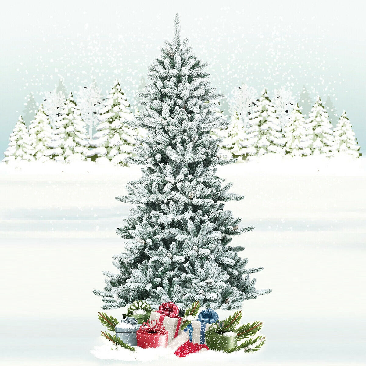 Abeto de Navidad artificial delgado de 7 pies con nieve flocada