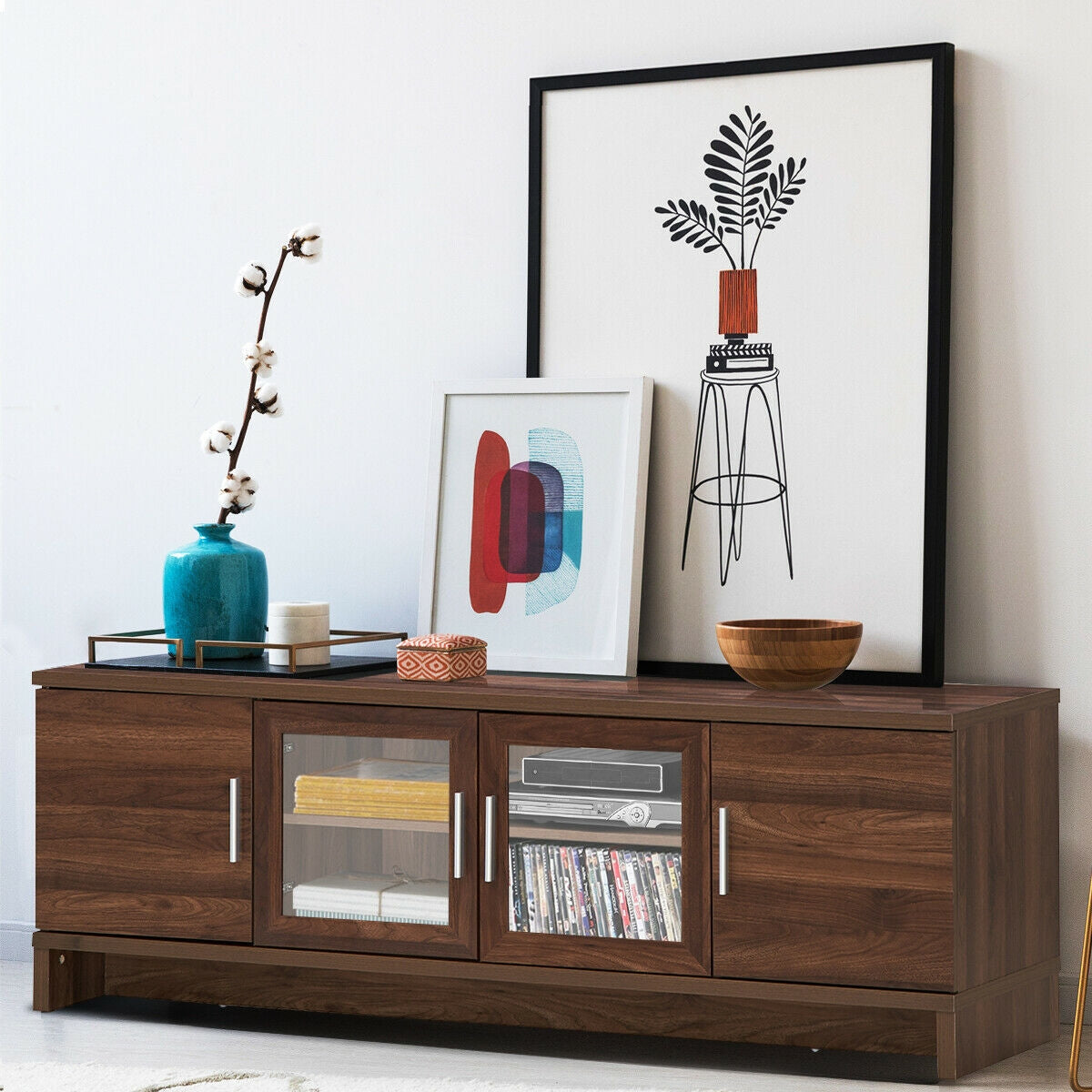 Mueble de TV para entretenimiento multimedia para televisores de hasta 70 pulgadas con estante ajustable-Nogal