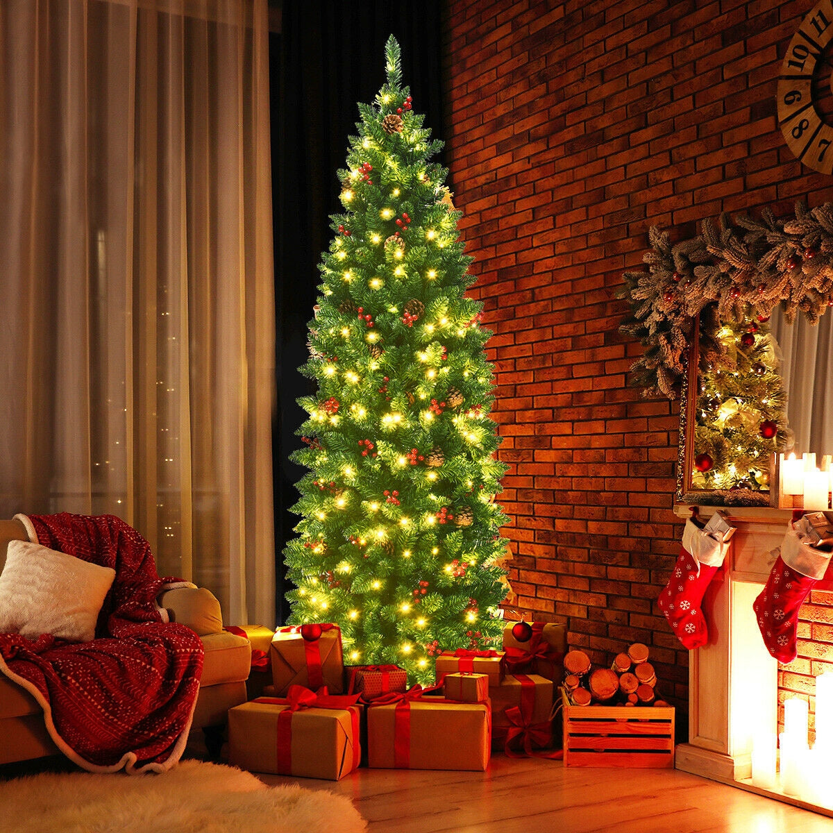 Árbol de Navidad estrecho preiluminado de 6.5 pies con bisagras