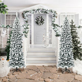 Árbol de Navidad artificial angosto de 2.28 m con bisagras, sin luces, efecto nieve y 641 puntas