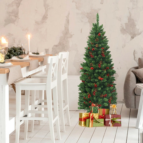 Árbol de Navidad estrecho preiluminado de 4.5 pies con bisagras, piñas, bayas rojas y 150 luces